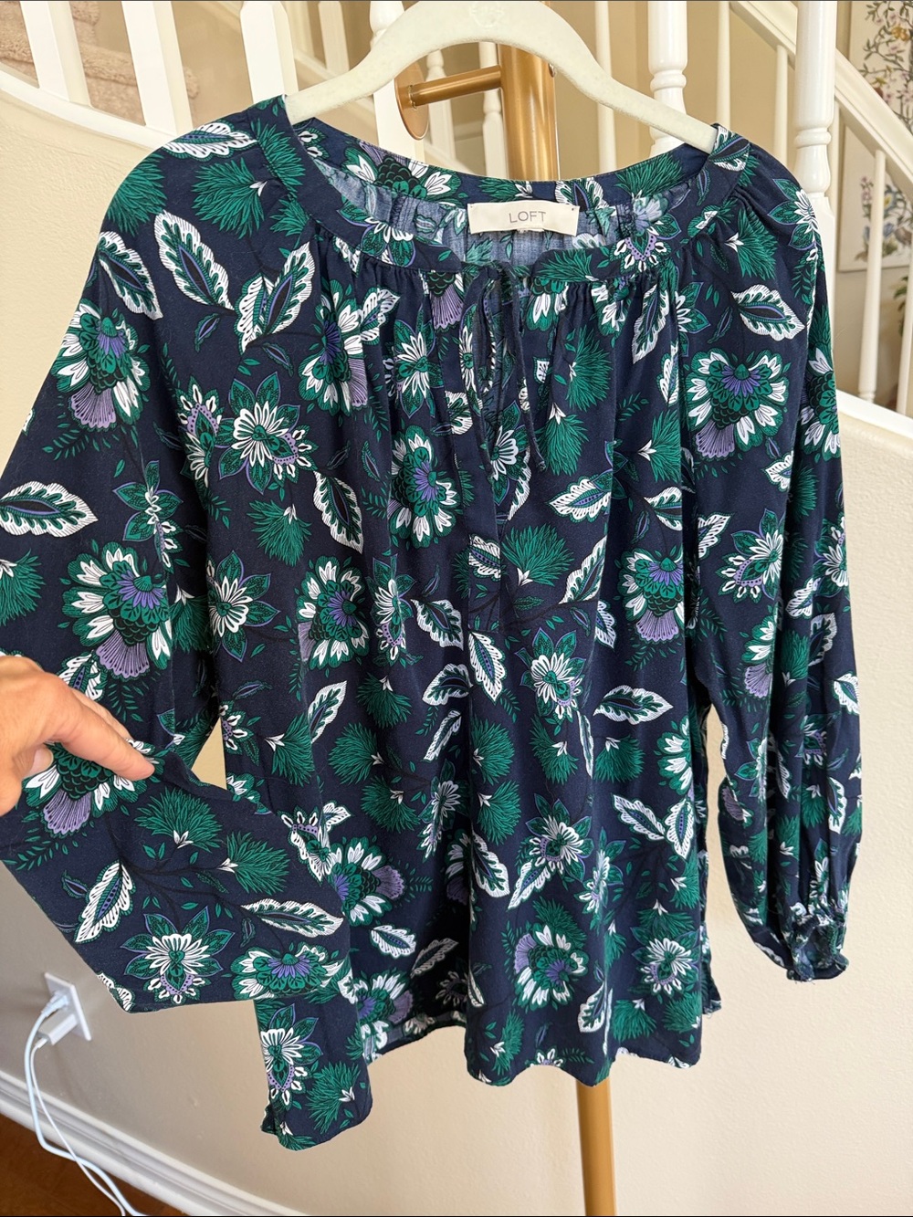 LOFT Navy Floral Peasant Blouse with Green & Purple Accents